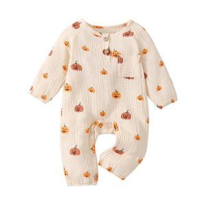 Baby Halloween Jumpsuit, Pumpkin Print O-Neck Long Sleeve Romper